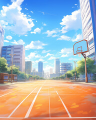 basketball court cartoon Surrounded by the city