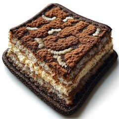 Close-up of a layered dessert with cocoa powder and cream.