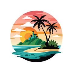 A sunset with palm trees and Tropical island sunset logo