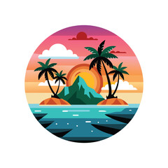 Obraz premium A sunset with palm trees and Tropical island sunset logo