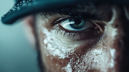 An intense close-up image focusing on the detailed features of a sweaty eye, capturing the raw emotion and intricate details with a sense of realism and intensity.