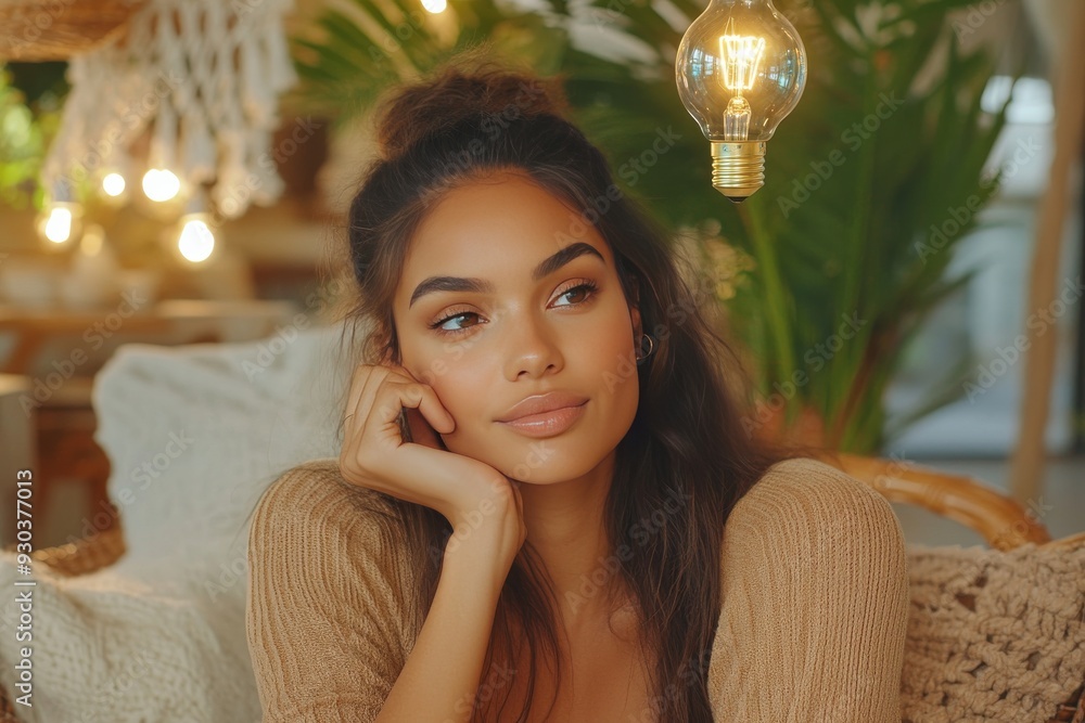 Canvas Prints Young woman sitting on a bed with a lightbulb above her head reflecting a peaceful moment of inspiration and the simplicity of creative ideas at home