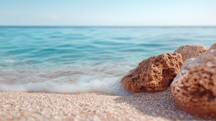 A close focus on a sandy beach with sea foam gently touching rugged rocks, capturing the essence of the shoreline's texture and natural interaction between sea and land.