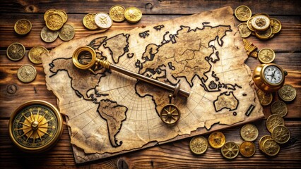 Naklejka premium Ancient parchment map with golden compass, vintage key, cryptic symbols, and torn edges, surrounded by scattered coins and mysterious artifacts on a wooden table.