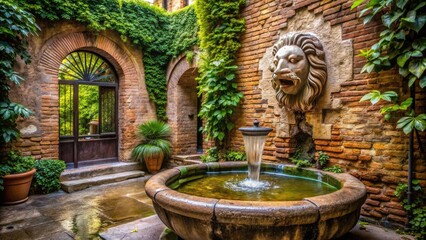 Obraz premium Ancient stone fountain fuente in a rustic courtyard surrounded by lush greenery and old brick walls, with water flowing gently from a carved lion's mouth.