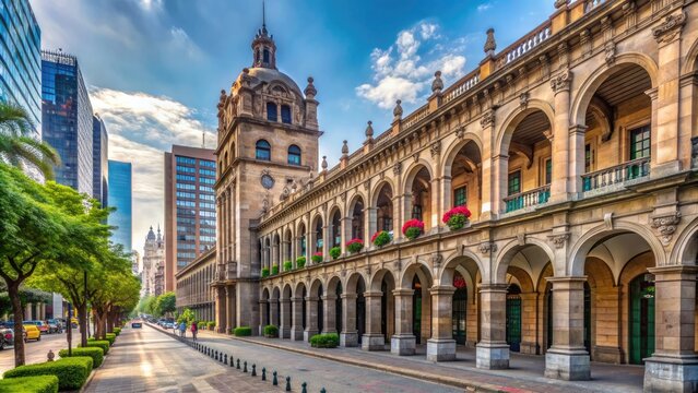 Ancient stone columns and arches of the Palacio de Correos de M&eacute;xico stand tall amidst vibrant urban life in Mexico City's Reforma Avenue.