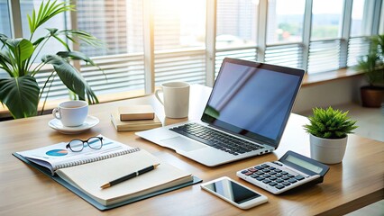 A neatly organized desk with a laptop, papers, and a calculator, showcasing a professionals' workspace for efficient tax reporting and financial planning services.