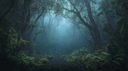 Fototapeta premium A mysterious pathway through a dense, fog-filled forest, sunlight filters through the canopy. A Jurassic Park-Inspired.