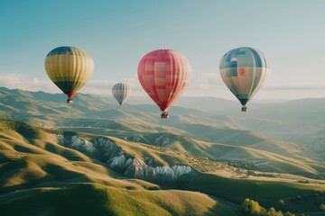 Fototapeta premium Majestic Hot Air Balloons Floating Above Lush Rolling Hills