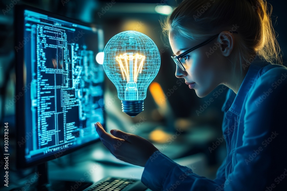 Poster female programmer working on a laptop with a glowing lightbulb beside her representing the spark of 