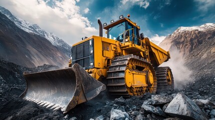 Fototapeta premium A ulldozer pushing large rocks at a mining site, showcasing the machinery used in surface mining.