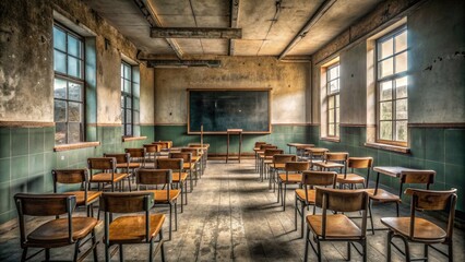 An empty, dimly lit classroom with rows of vacant desks and chairs, surrounded by worn walls and faded chalkboard, evoking feelings of isolation and abandonment.