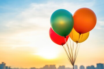Obraz premium Colorful Balloons Soaring Above Cityscape at Dusk