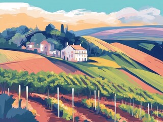 A picturesque vineyard vector art illustration, white background, pastel colors, aesthetic vibe, by digital contemporary illustrators, glitch, color negative, liquify