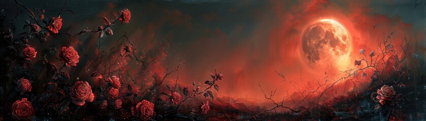 Gothic Wall Decals with Skulls and Roses under Full Moon