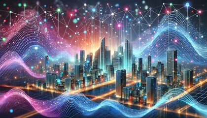 Fototapeta premium A vibrant metropolis with glowing data networks overhead, representing the concept of smart cities and digital transformation.