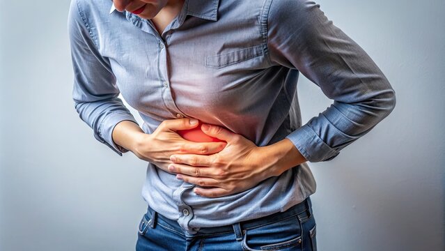 A person clutches their abdomen in discomfort, experiencing severe stomach cramps and nausea, highlighting the intense pain and discomfort of gastrointestinal distress.