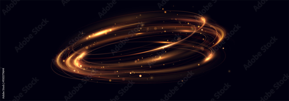 Aufkleber Golden glowing swirl. The effect of moving at the speed of light. Easy trail. Shiny wavy path. Vector.Neon light.	