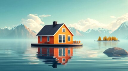 Fototapeta premium Floating house, surrounded by water, flat design illustration