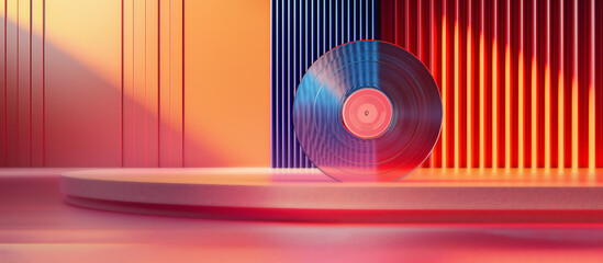 A Vinyl Record sits against a Backdrop of Vivid Colors and Patterns. Music Background Inspiring a Sense of Rhythm and Artistic expression in a Retro Design and Minimalist Studio Interior