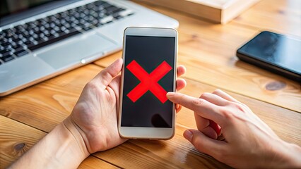 A person's hands putting a smartphone on a desk with a red "X" symbol overlaid, symbolizing digital detox and breaking free from social media addiction.