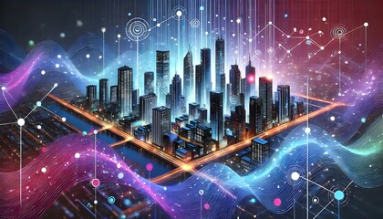 Obraz premium A futuristic cityscape illuminated with digital connections and data networks, symbolizing smart cities and technology integration.