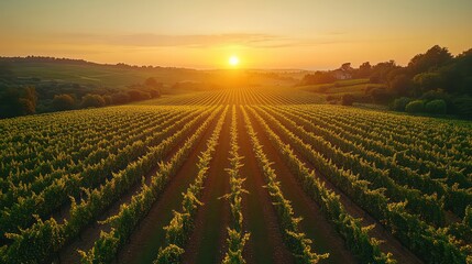 Obraz premium Aerial view of a vineyard at sunset, with rows of grapevines ready for harvest, symolizing the wine-making process.