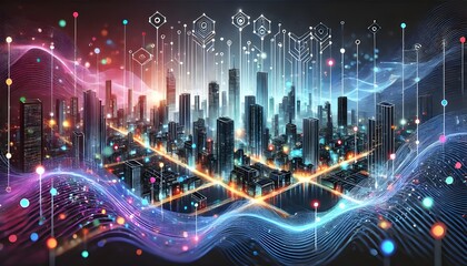 Fototapeta premium A futuristic cityscape illuminated with digital connections and data networks, symbolizing smart cities and technology integration.