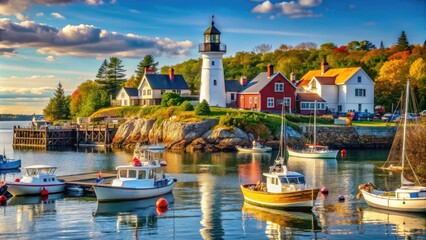 Fototapeta premium A picturesque waterfront scene in Maine features a bustling harbor with sailboats, lobster traps, and a historic lighthouse in the background.