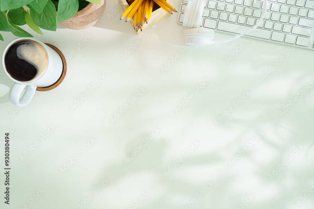 Poster working desk with diary, keyboard, coffee cup. top view with copy space for your text.