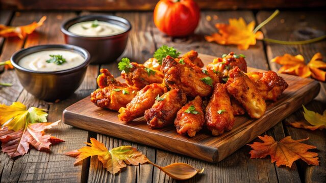 Appetizing buffalo chicken wings displayed on a rustic wooden table alongside a vintage-inspired menu board with autumnal leaves and warm lighting.