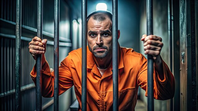 A prisoner in an orange jumpsuit stands behind bars, hands clutching the steel rail, with a mix of determination and despair etched on their face.