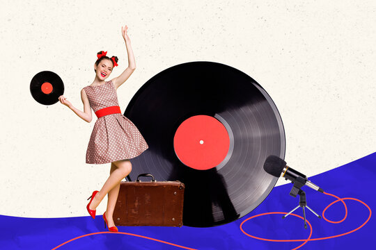 Creative collage picture young cheerful pretty girl collar dress vintage party disco vinyl microphone singer drawing background
