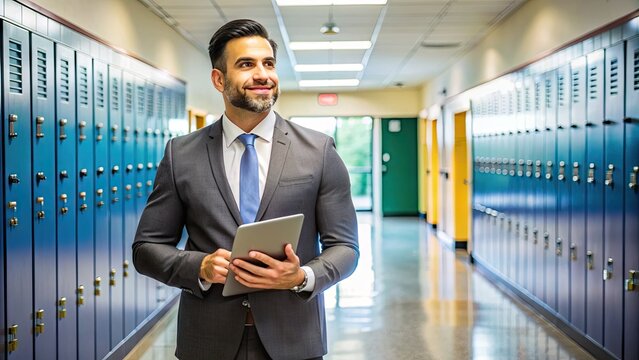 A professional educator wearing a suit and holding a tablet stands in a brightly lit school hallway, surrounded by lockers and bulletin boards.