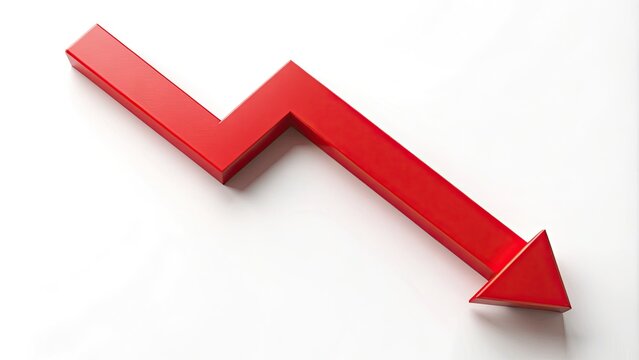 A red arrow pointing downwards, symbolizing decline, subtraction, or removal, set against a clean white background, representing withdrawal or decrease in a minimalist design.