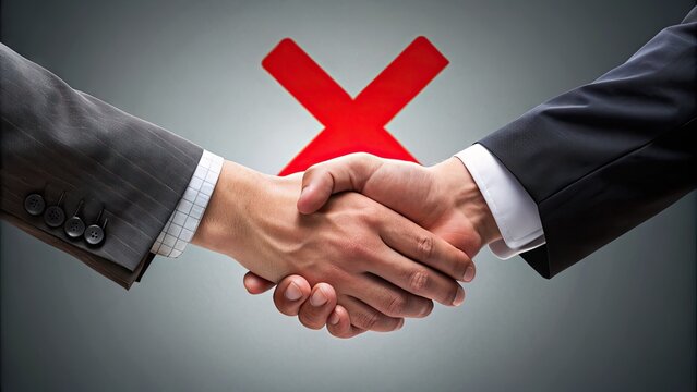 A red "X" symbol overlaid on a stylized illustration of an outstretched hand, indicating rejection or cancellation of a handshake agreement or partnership.