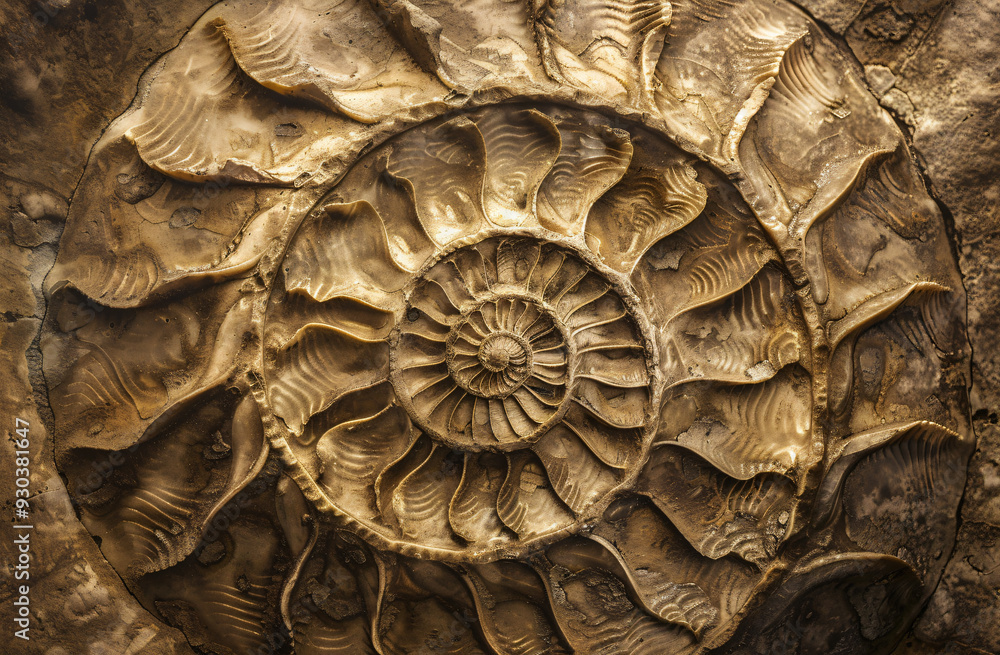 Poster close up photo of an intricate circular pattern on the surface of a fossilized nautilus, in a sepia 