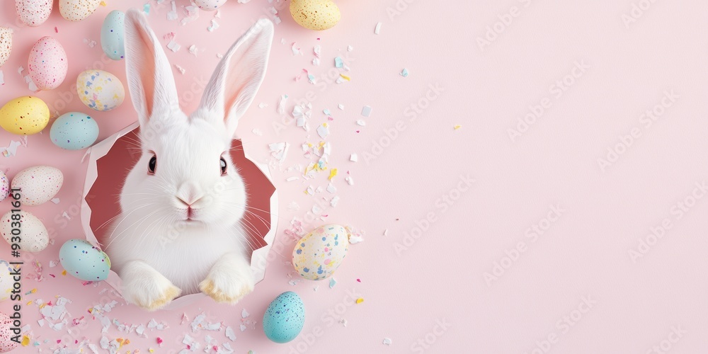 Canvas Prints white rabbit popping out of a paper hole, surrounded by colorful easter eggs and confetti on a paste
