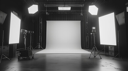 Blank black studio with a white background and some cinematic style lightning