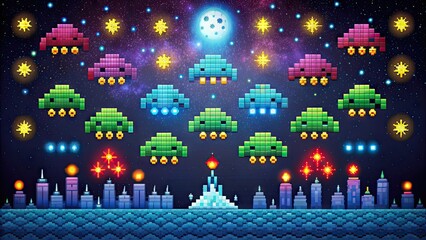 Obraz premium A retro-style arcade game screen displays a futuristic alien invasion, with pixelated extraterrestrial creatures descending from a starry night sky in a classic video game scene.