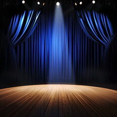 Stage with blue curtains in the background and spotlight on the floor