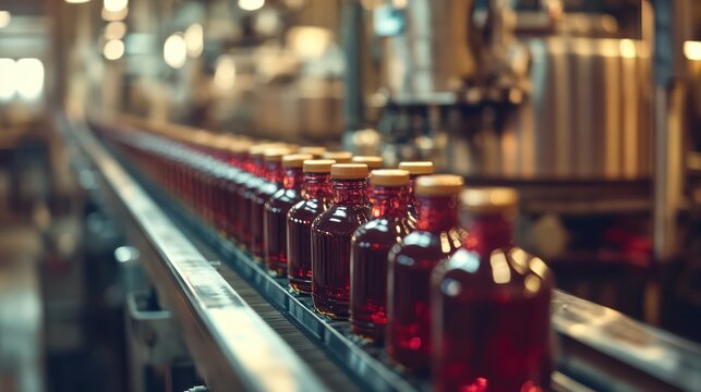 ottles moving along a conveyor elt in a everage factory, highlighting automation in the food and drink industry.