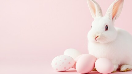 White bunny surrounded by pastel Easter eggs on a soft pink background. Minimalistic and adorable spring holiday scene.