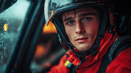 Close-Up of a Firefighter in Red Suit and Helmet Inside a Vehicle, Facing Camera with High Contrast Cinematic Lighting, Capturing the Intensity and Dedication of First Responders









