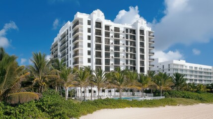 The elegant Art Deco building showcases a white facade with black accents against a vibrant blue sky