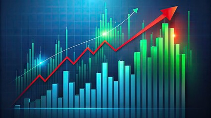 Fototapeta premium Arrow graph showing rapid upward trend, red and green bars contrast, financial data and analytical charts on dark blue background, economic growth concept.