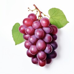 Fototapeta premium A vibrant bunch of ripe red grapes with fresh green leaves on a clean white background. Perfect for food, drink, health, and wellness content online and in print media.
