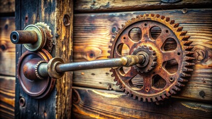 A rusty metal lever pivots on a weathered wooden fulcrum, surrounded by old gears and machinery parts, conveying a sense of industrial nostalgia and mechanical power.