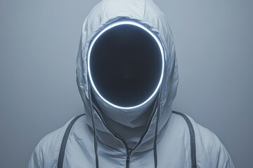 Mysterious figure in a white hooded outfit with a glowing face symbolizing anonymity the digital age and the enigmatic allure of futuristic tech driven identities