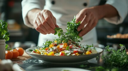 Chef garnishing a dish with fresh hers, focusing on the final touches in high-end culinary presentation.